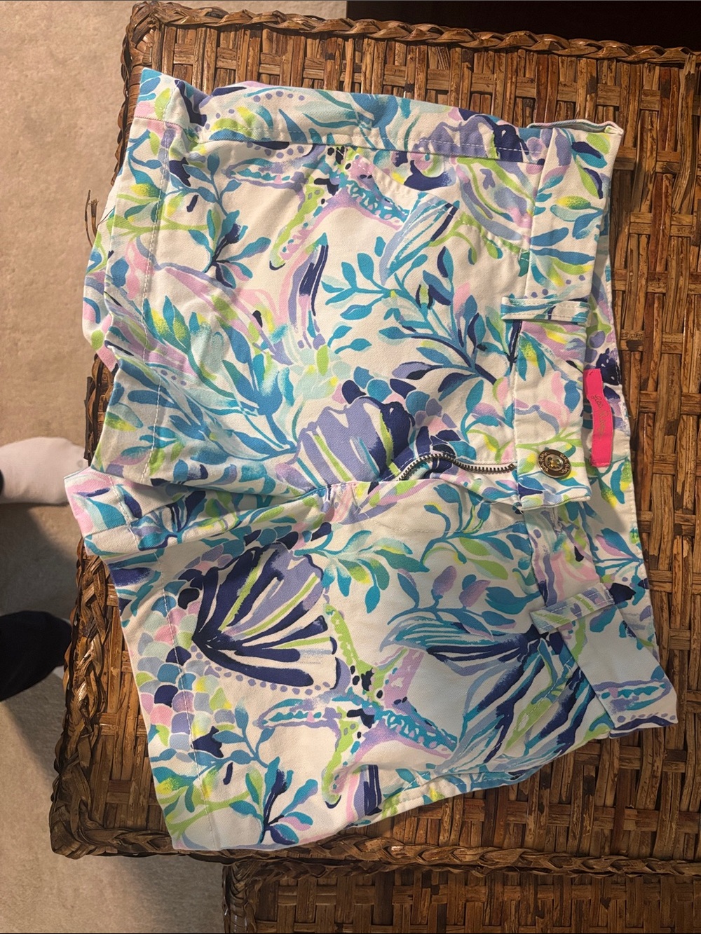 Lilly Pulitzer White Shorts with Blue, Green, Pink and Purple Seashell Print